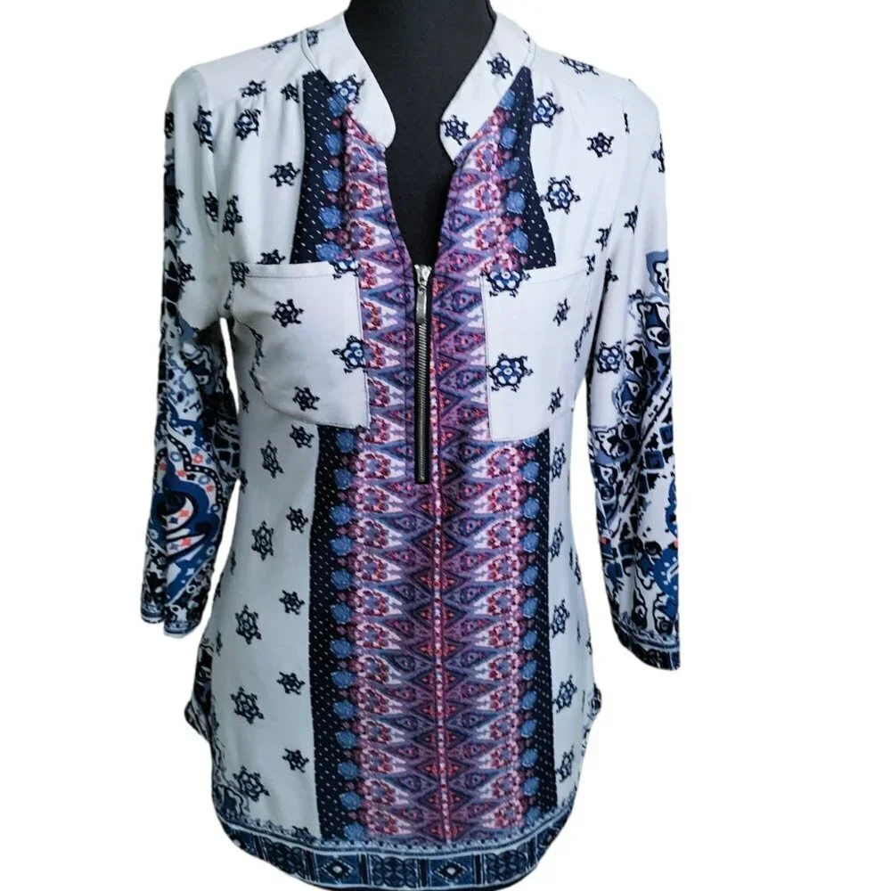 (309) Carolyn Taylor Zipper Front Multicolor Printed Blouse Size L